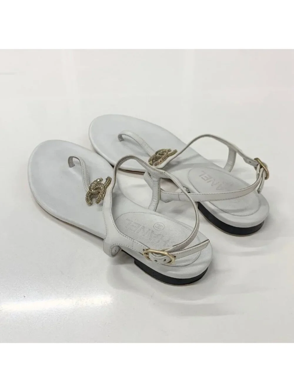 Chanel CC Logo Leather Line Stone Strap Thong Sandals